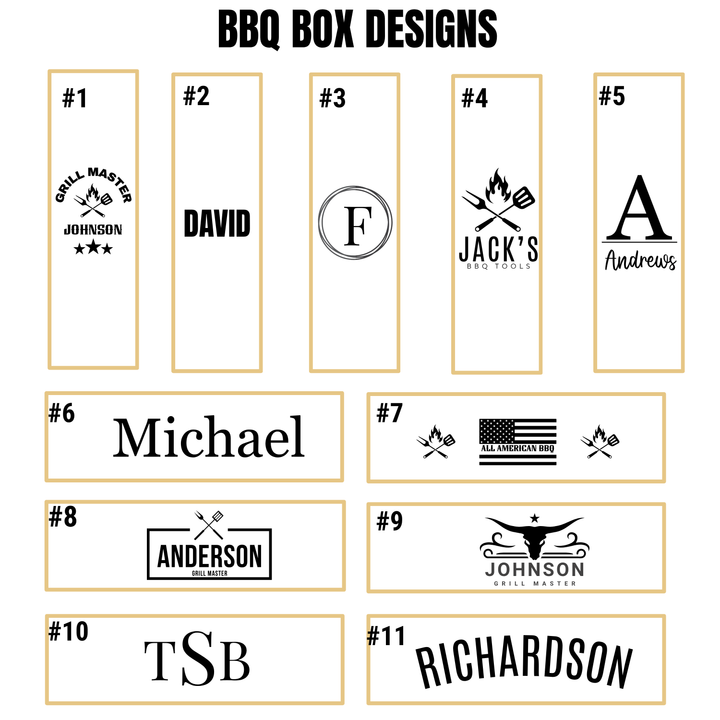 Personalized BBQ tool set engraving design options with custom names monograms and grill master logo styles for bamboo grill box gifts