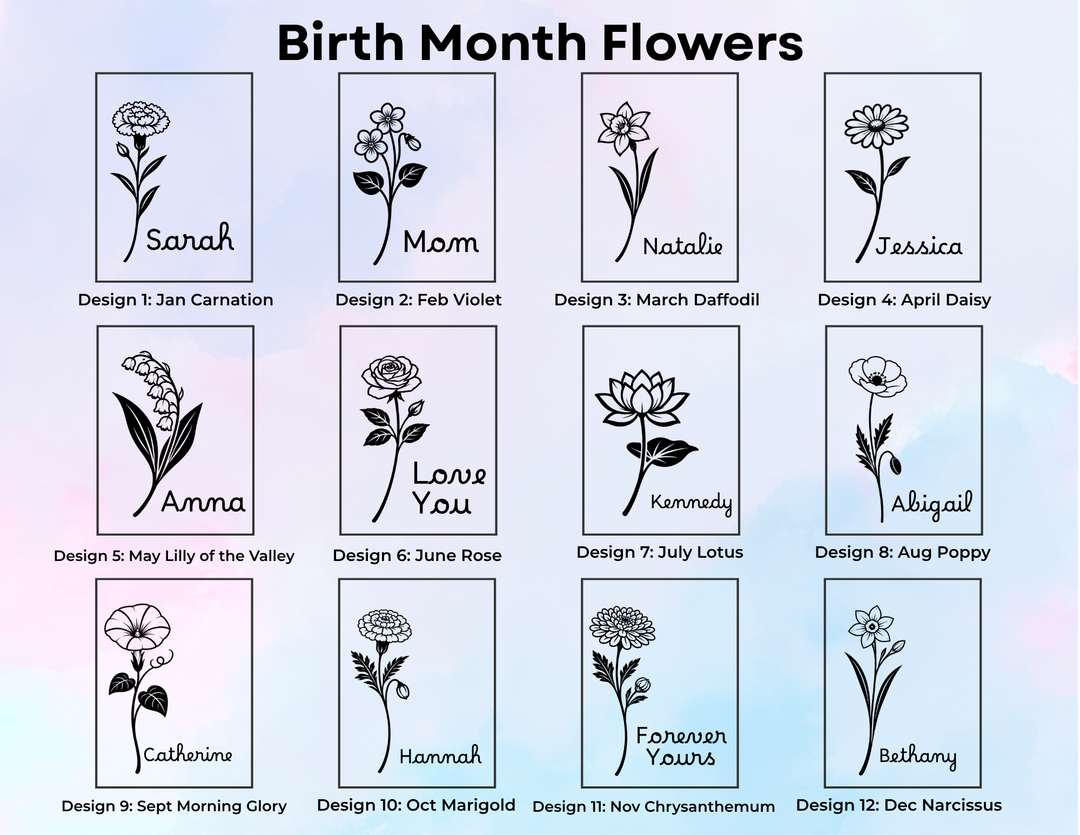 Birth month flower engraving design options for personalized leatherette journal with custom names floral designs for each month