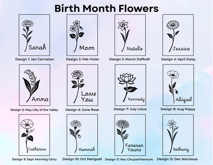 Birth month flower engraving design options for personalized leatherette journal with custom names floral designs for each month