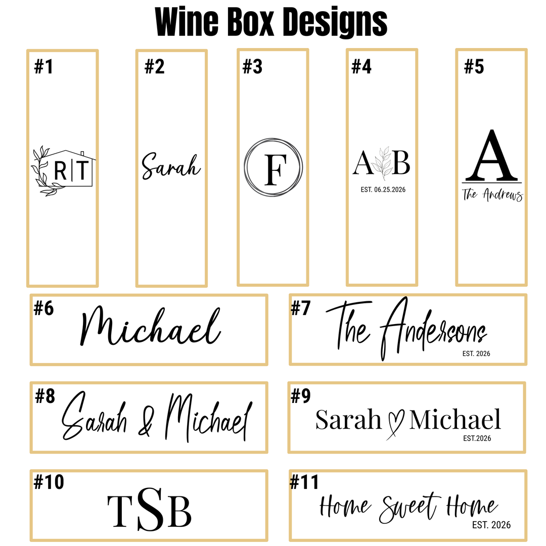Custom bamboo wine box design options with monograms and logo engraving styles on white background