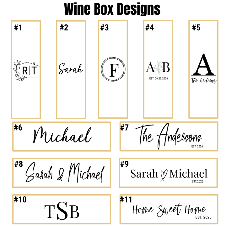 Custom bamboo wine box design options with monograms and logo engraving styles on white background