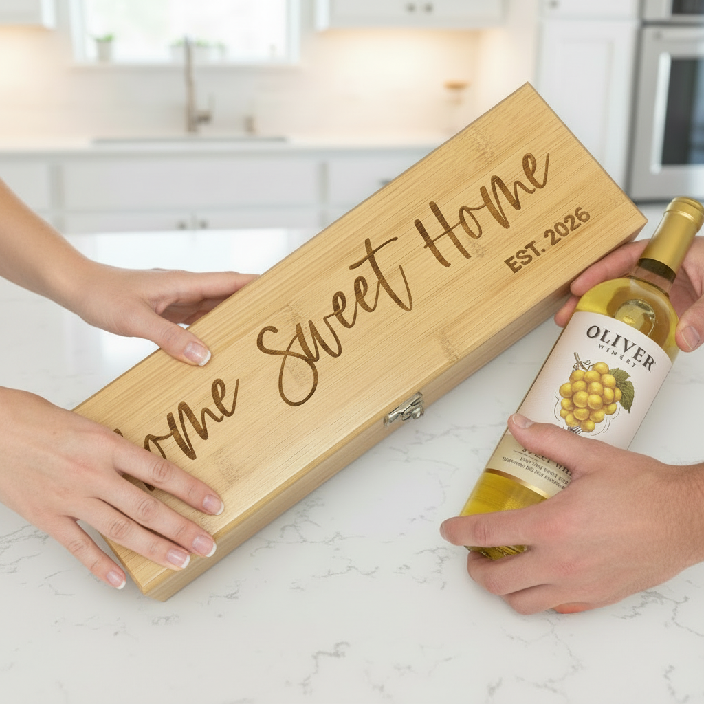 CUSTOM BAMBOO WINE BOX WITH ENGRAVED LID AND WINE BOTTLE DISPLAYED FOR REALTOR CLOSING AND WEDDING GIFTS