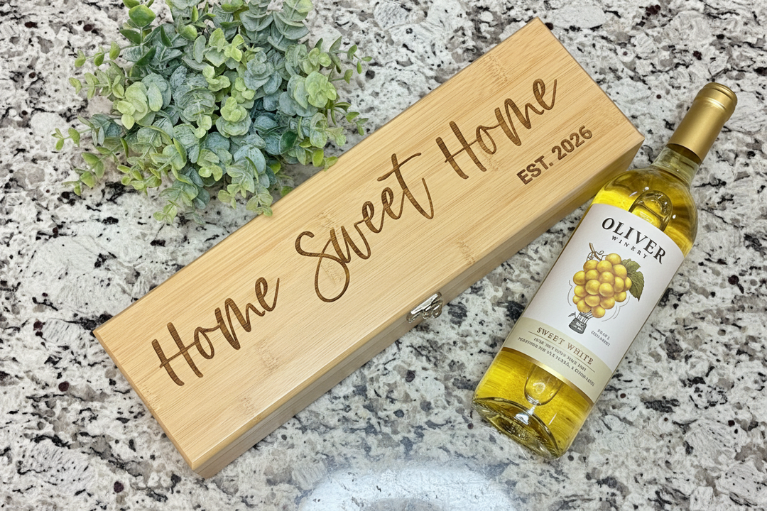 CUSTOM BAMBOO WINE BOX WITH ENGRAVED LID DISPLAYED ON COUNTER FOR REALTOR CLOSING AND WEDDING GIFTS