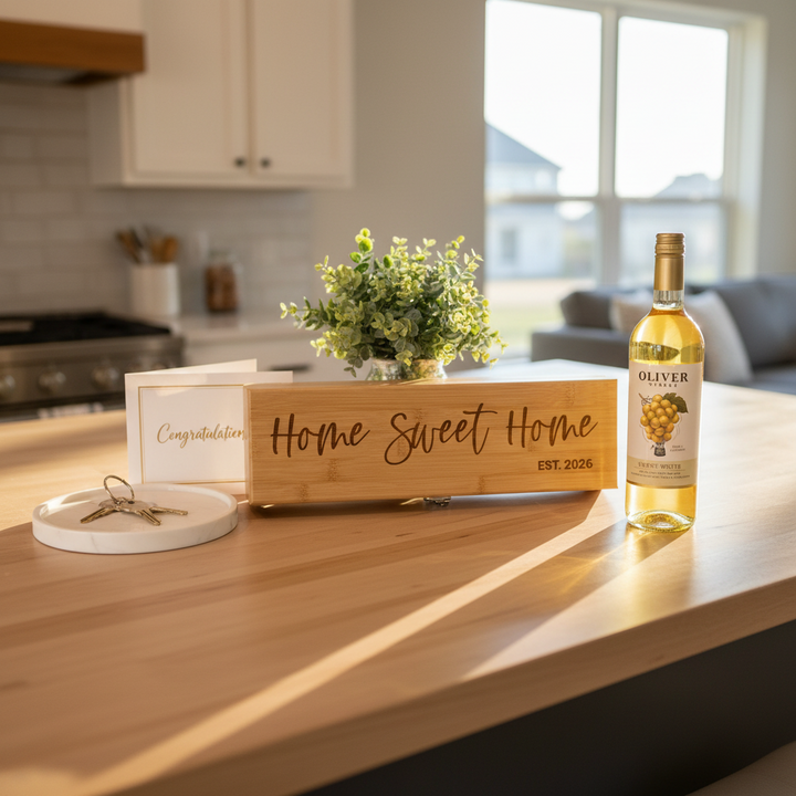 CUSTOM BAMBOO WINE BOX WITH ENGRAVED LOGO AND STAINLESS STEEL TOOLS FOR REALTOR CLOSING AND WEDDING GIFTS