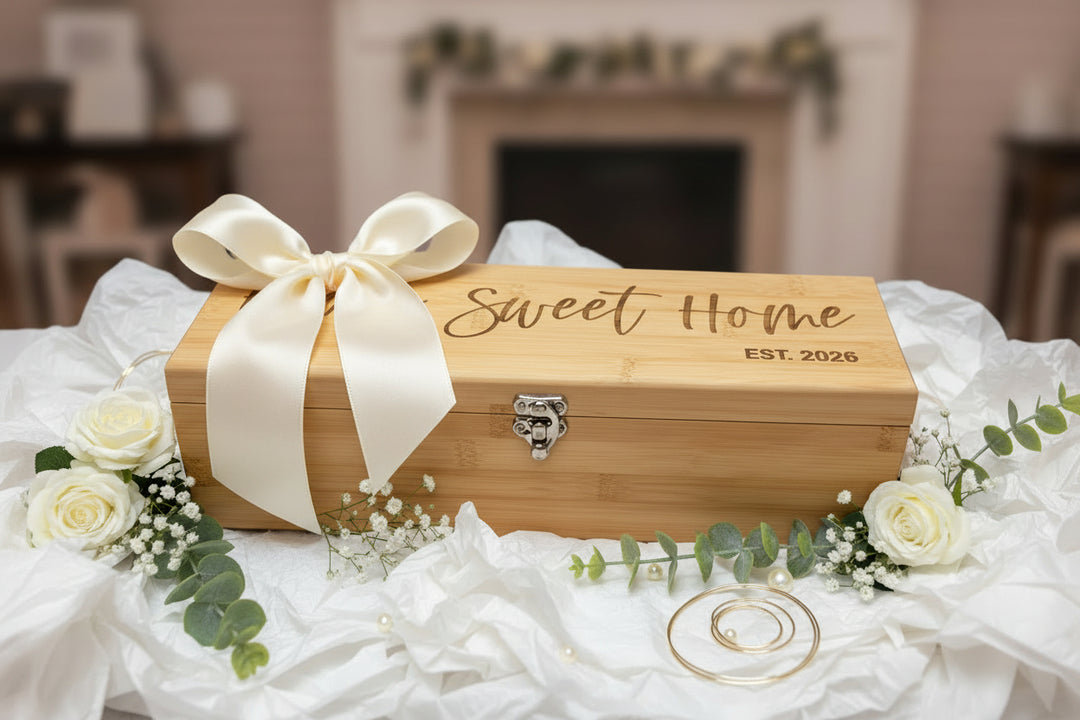 Stainless steel wine tools set inside personalized bamboo wine box gift case
