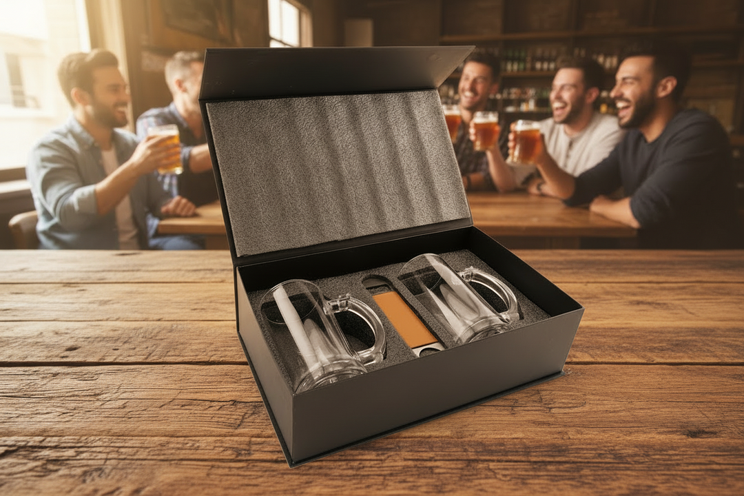 Custom beer mug gift box set with two engraved glass beer mugs and leatherette bottle opener presented in a premium black gift box, perfect personalized gift for groomsmen, birthdays, or special occasions.