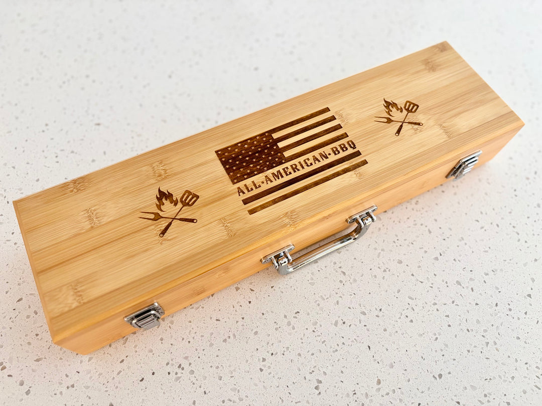 Custom branded bamboo BBQ tool set with engraved case and stainless steel grill tools
