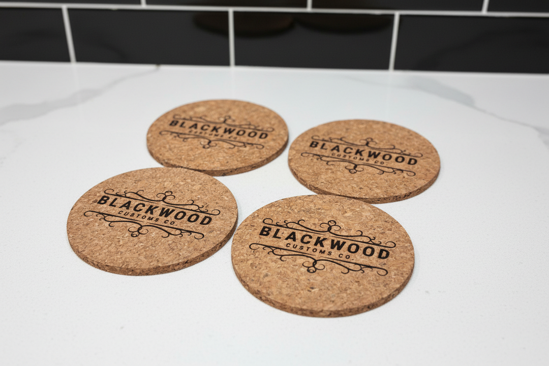 Custom branded cork coasters with engraved business logo, personalized corporate gift
