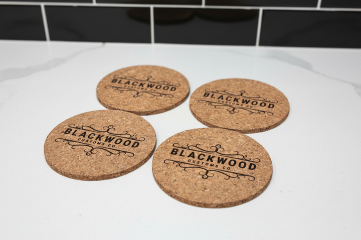 Custom branded cork coasters with engraved business logo, personalized corporate gift
