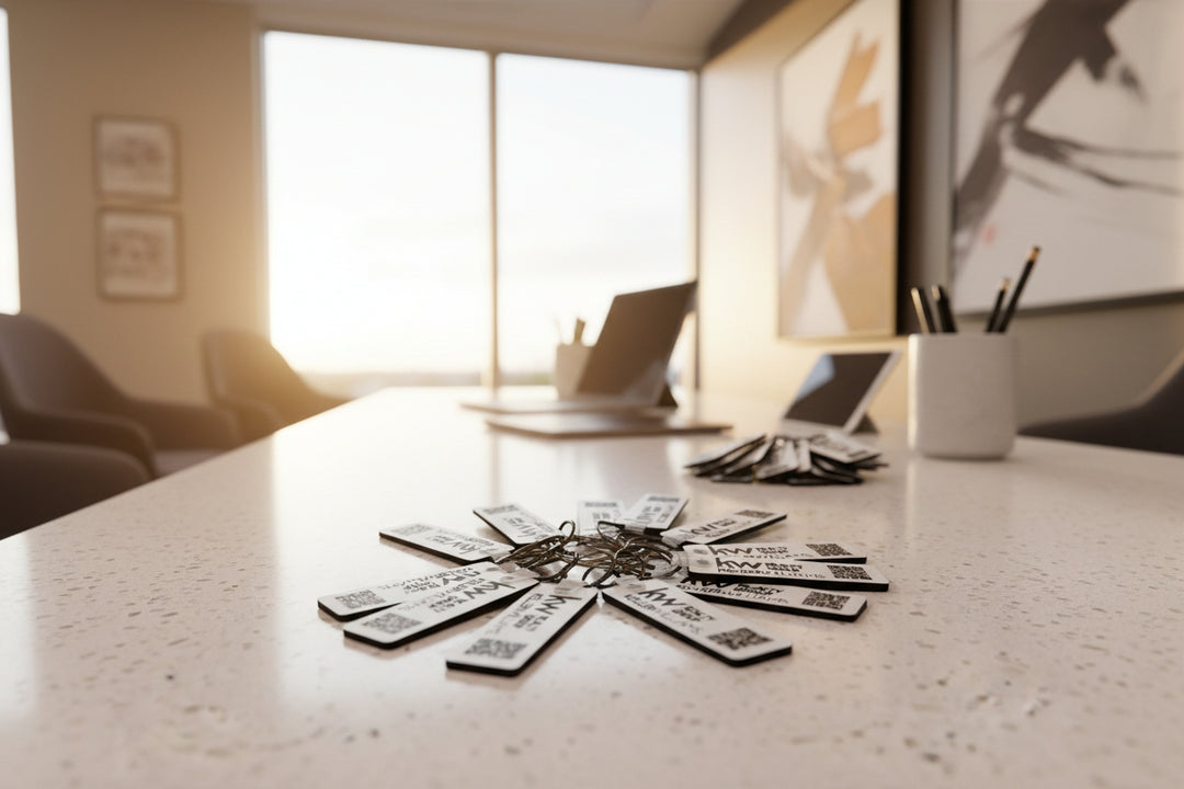 custom branded keychains with logo and qr code arranged in circular layout for real estate marketing, client gifts, and bulk promotional giveaways