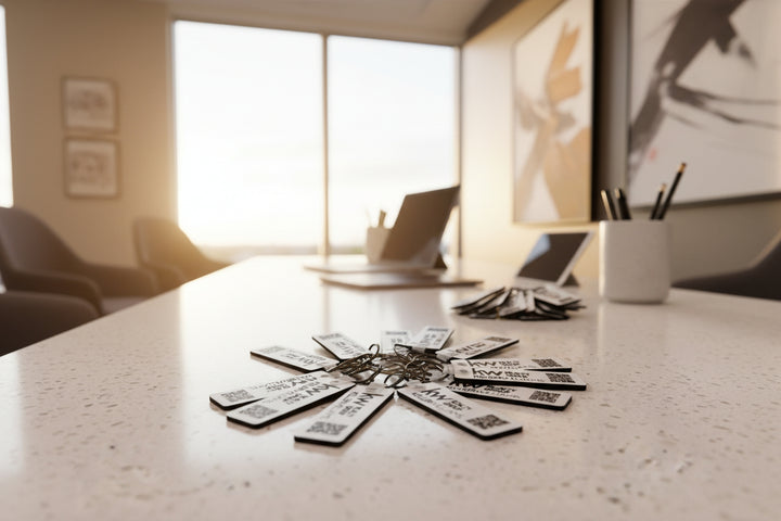 custom branded keychains with logo and qr code arranged in circular layout for real estate marketing, client gifts, and bulk promotional giveaways