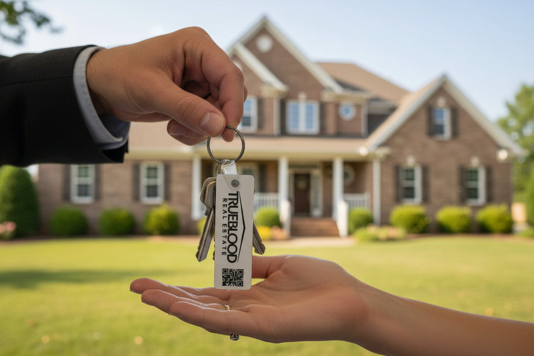 custom branded keychains with logo and qr code arranged in circle for real estate marketing, closing gifts, and client giveaways