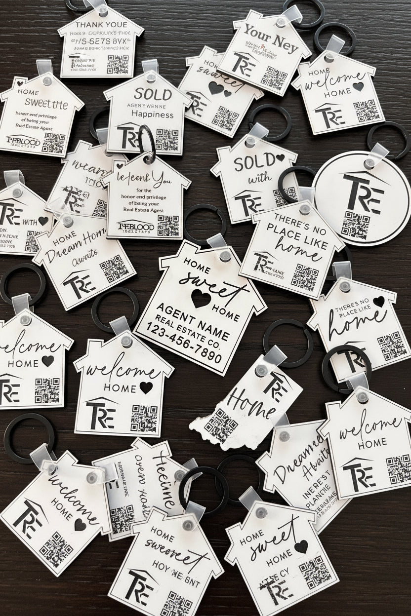 Custom branded acrylic house keychains with logo and QR code for real estate agent closing gifts and client marketing