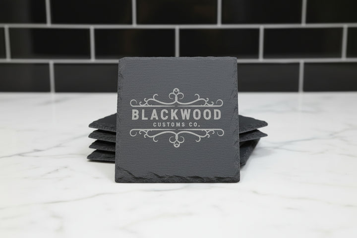 Custom branded slate coasters with engraved business logo, personalized corporate gift, square or round
