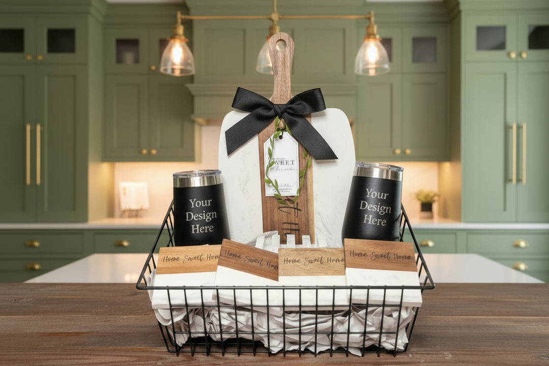 Realtor Closing Gift Basket Set Custom Tumbler Collection Real Estate Professional Present Luxury Homeowner Package Personalized House Warming Gift Black Wire Basket Marble Coasters Acacia Wood Accessories Kitchen Essentials Collection New