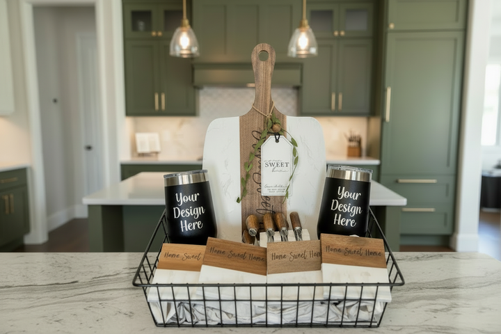 New Home Celebration Gift Personalized Housewarming Basket Custom Kitchen Collection Real Estate Closing Present Premium Tumbler Set Marble Coaster Collection Acacia Wood Cutting Board Decorative Stone Tray Black Wire Basket Design Luxury