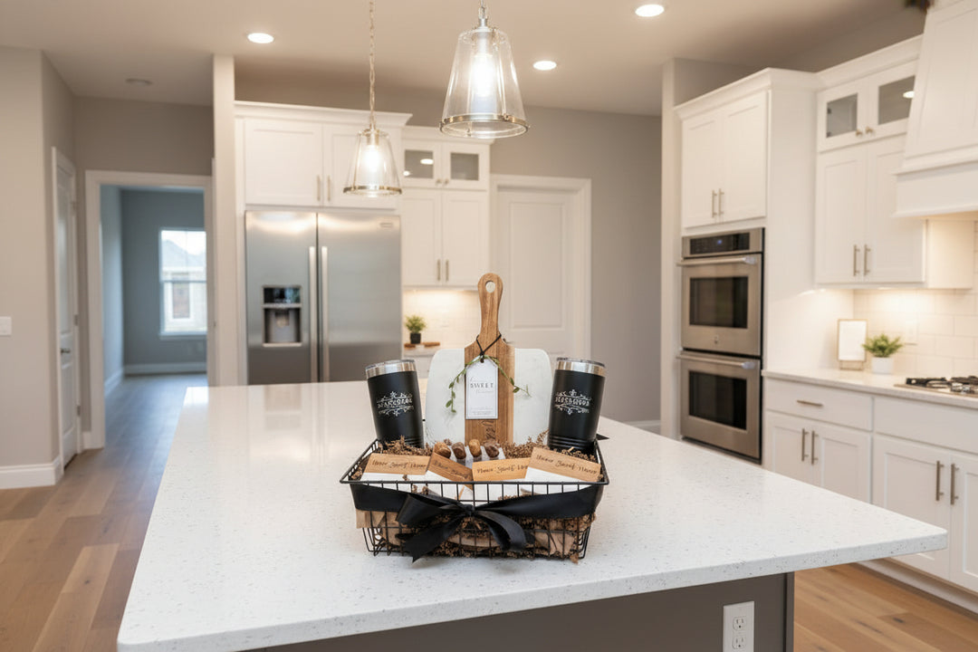 Realtor Closing Gift Basket Set Custom Tumbler Collection Real Estate Professional Present Luxury Homeowner Package Personalized House Warming Gift Black Wire Basket Marble Coasters Acacia Wood Accessories Kitchen Essentials Collection New