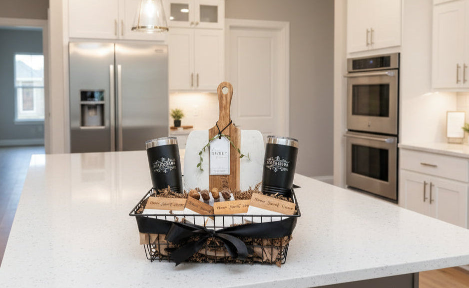 Kitchen Entertaining Set Personalized Housewarming Gift Custom Newlywed Present Luxury Home Collection Marble Cutting Board Wooden Cheese Knives Engraved Coaster Design Monogrammed Tumbler Selection Wire Basket Package Perfect Hosting