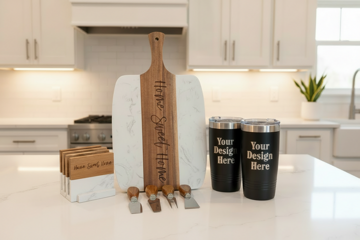 Personalized closing gift basket with marble and acacia wood board, engraved coasters, tumblers, cheese knives, and custom tag for new homeowners.