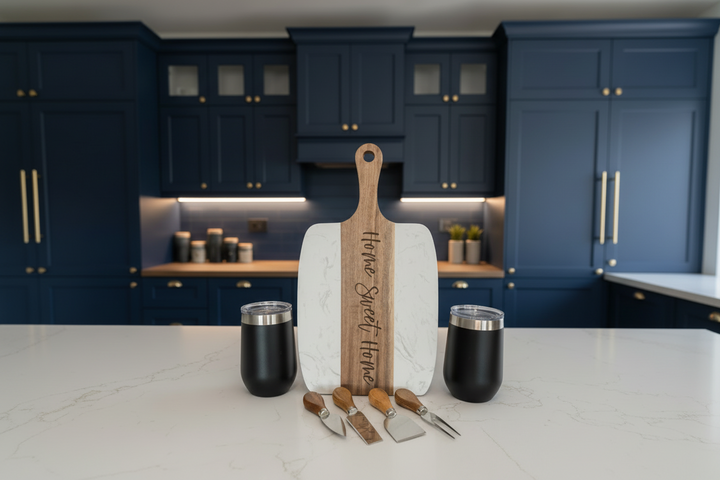 Luxury Homeowner Gift Basket Premium Closing Present Personalized Tumbler Set Marble Acacia Wood Accessories Elegant Kitchen Collection Black Wire Basket Design Custom Real Estate Gift Professional Client Appreciation Package House Warming