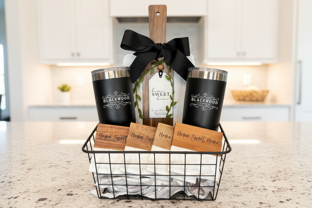 Personalized closing and wedding gift basket with marble and acacia wood board, engraved tumblers, custom logo coasters, and luxury presentation.