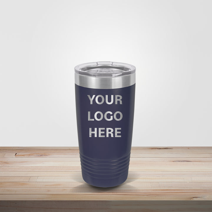 Custom engraved 20oz Polar Camel tumbler in navy – personalized bride and groom, team banquet, or corporate gift drinkware