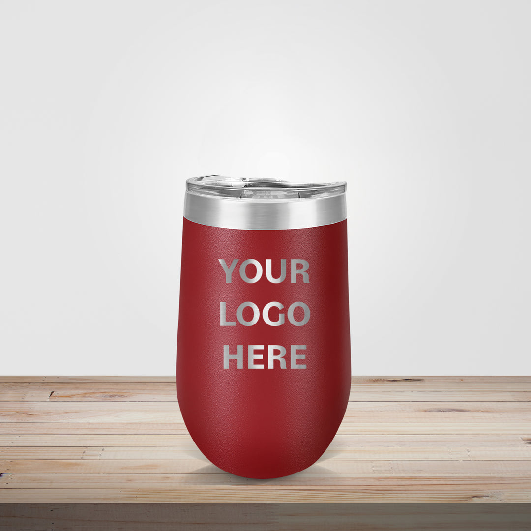 Custom engraved 16oz wine tumbler in maroon– personalized wedding favor or corporate logo gift