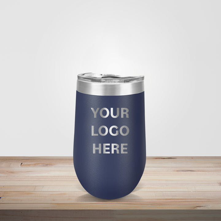 Custom engraved 16oz stainless steel wine tumbler in navy – personalized brides or grooms favor or corporate logo gift events

