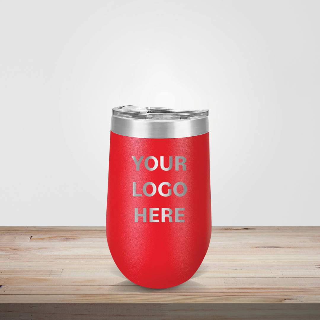 Custom engraved 16oz stainless steel wine tumbler in red color – personalized wedding favor or corporate logo gift
