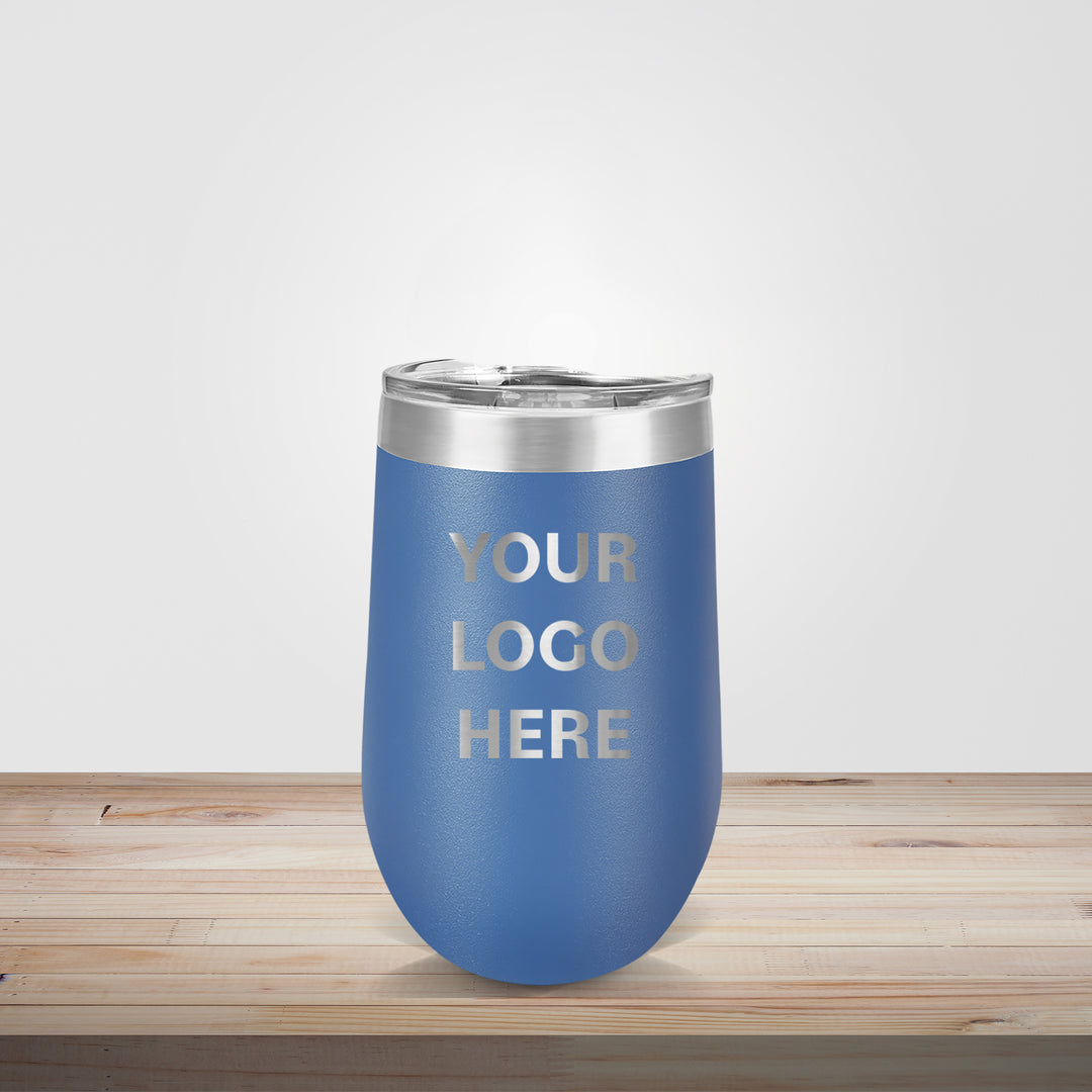 Custom engraved 16oz stainless steel wine tumbler in blue– personalized wedding favor or corporate logo gift
