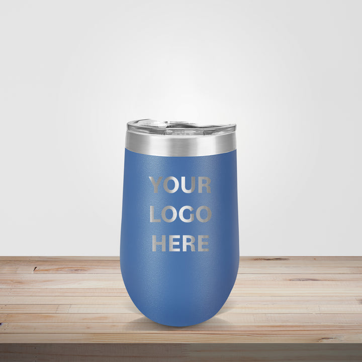 Custom engraved 16oz stainless steel wine tumbler in blue– personalized wedding favor or corporate logo gift
