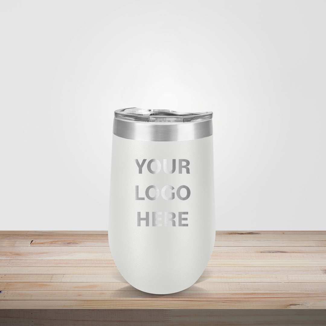 Custom engraved 16oz stainless steel wine tumbler in white – personalized wedding favor or corporate logo gift