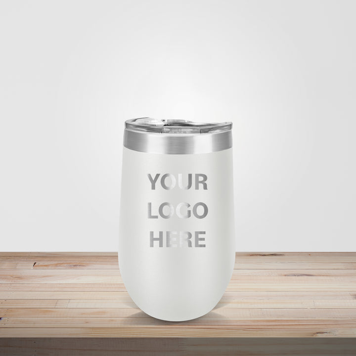 Custom engraved 16oz stainless steel wine tumbler in white – personalized wedding favor or corporate logo gift