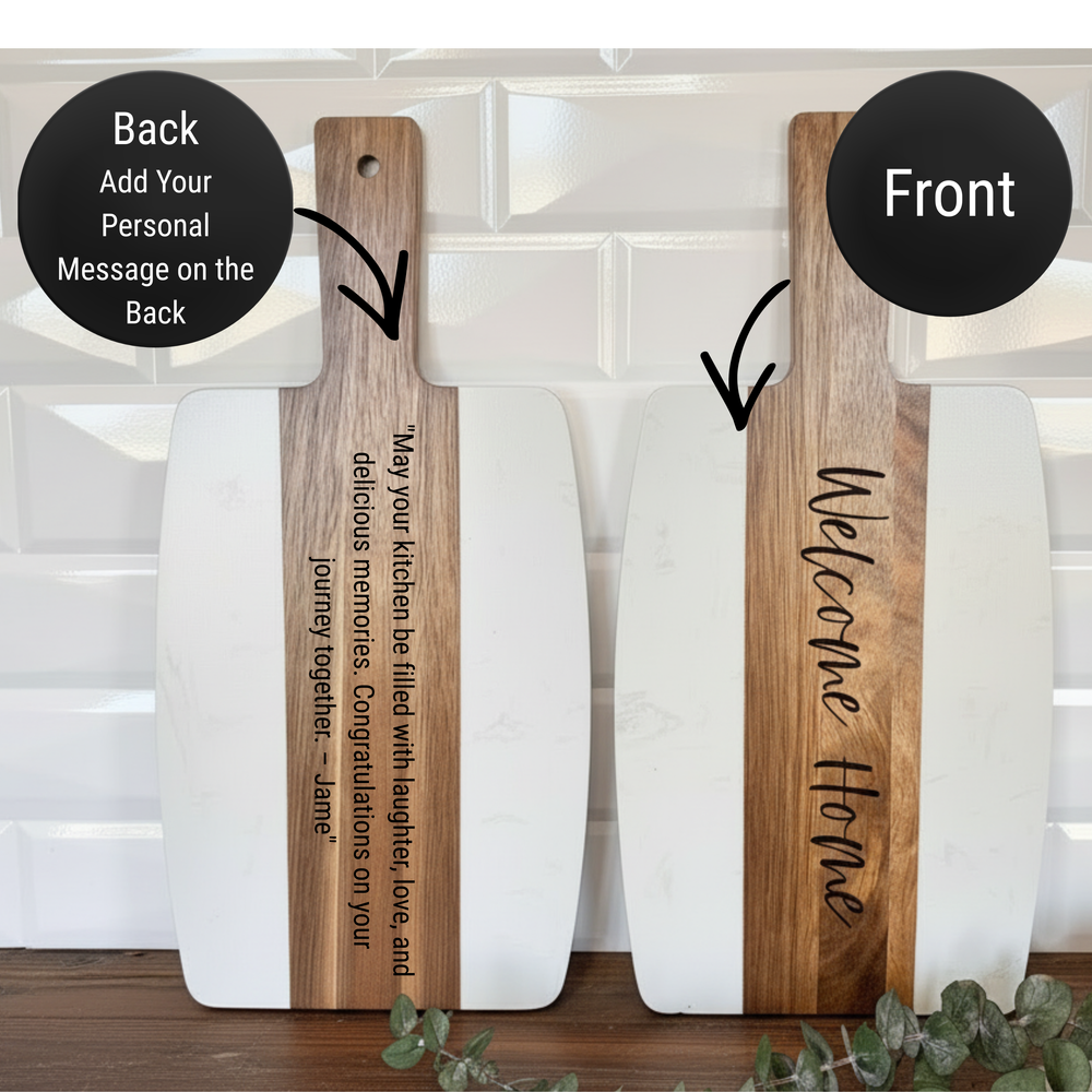 CUSTOM ENGRAVED MARBLE AND ACACIA BOARD WITH PERSONAL MESSAGE ENGRAVED ON BACK FOR CLOSING AND WEDDING GIFTS