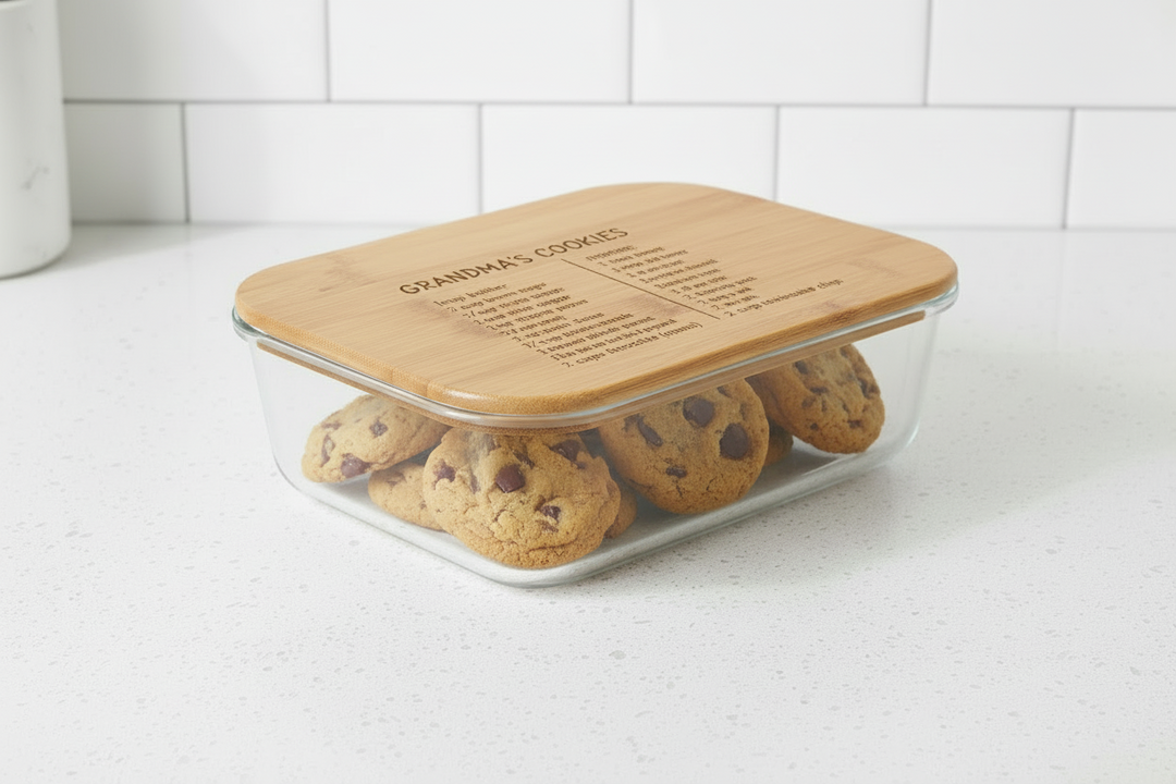 Custom engraved 50 oz rectangular glass food storage container with bamboo lid on black background