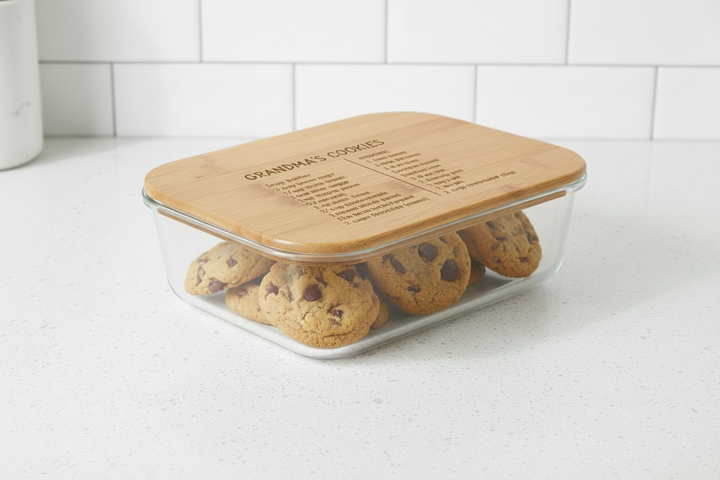 Custom engraved 50 oz rectangular glass food storage container with bamboo lid on black background