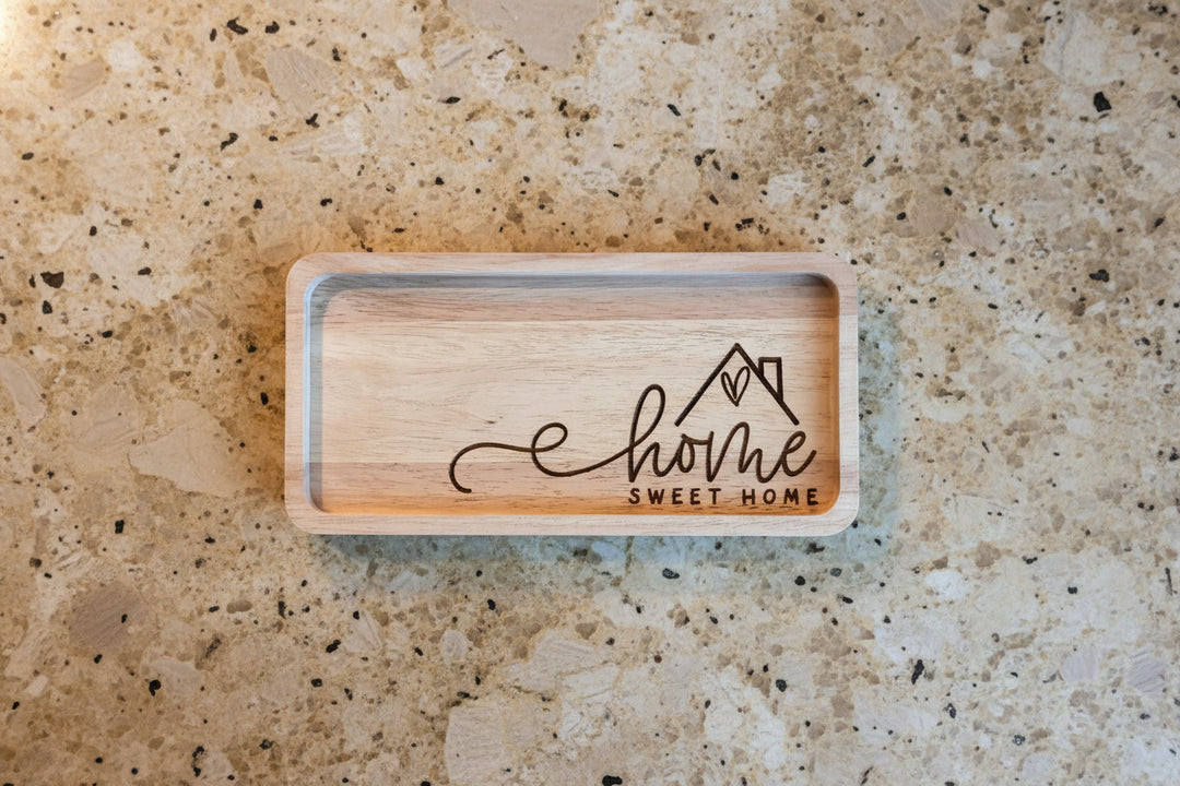 Engraved wood key tray with Home Sweet Home design personalized entryway catchall tray for keys and wallet