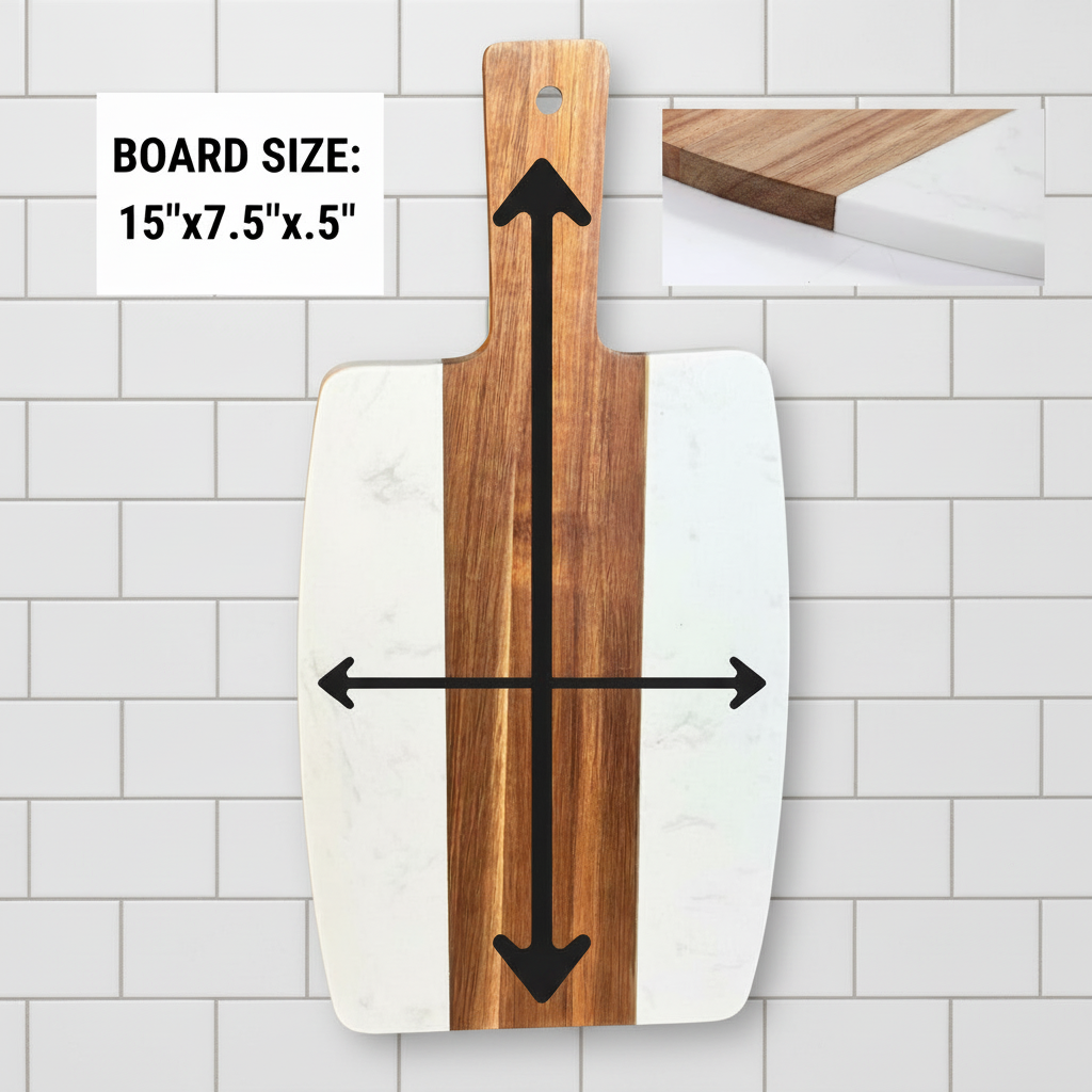 Personalized marble and acacia wood cutting board with custom engraving for wedding, housewarming, and closing gifts