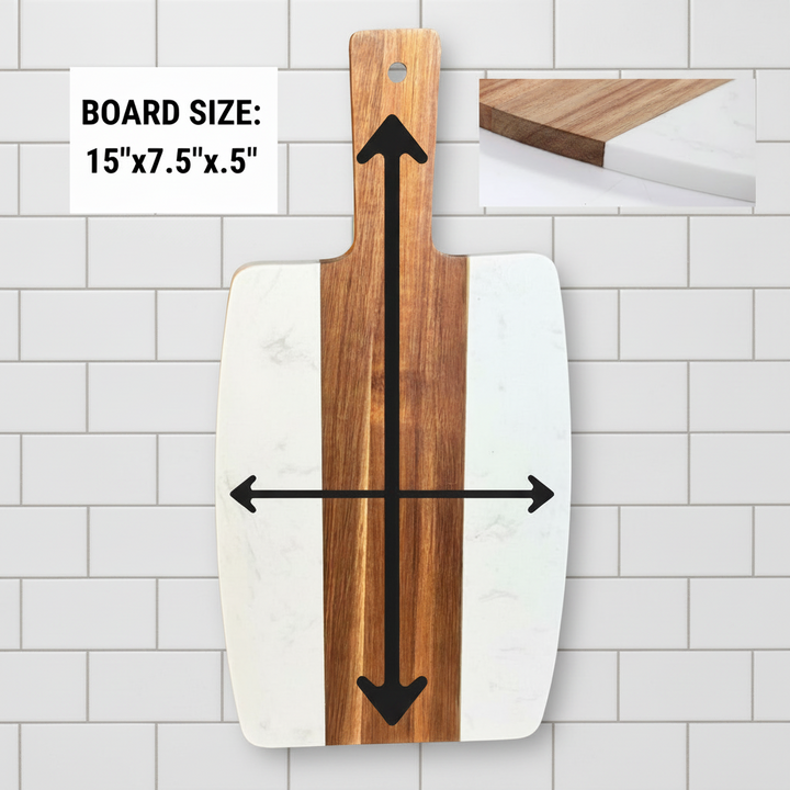 Personalized marble and acacia wood cutting board with custom engraving for wedding, housewarming, and closing gifts