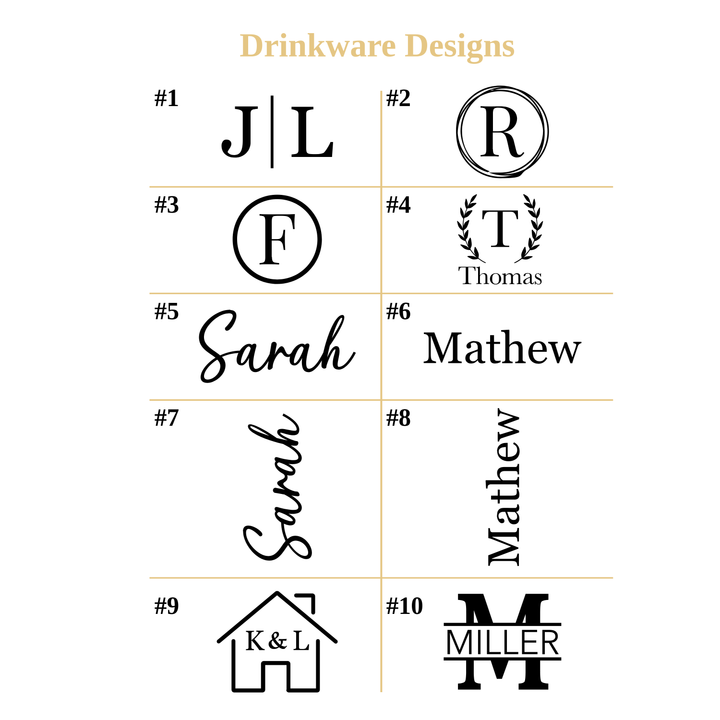 Polar Camel tumbler engraving design options showing monogram, initials and name styles for personalized stainless steel drinkware.