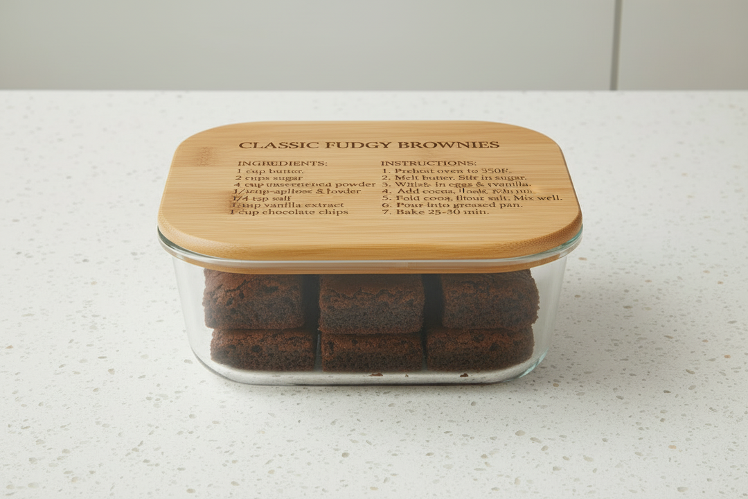 Custom engraved 37 oz square glass food storage container with bamboo lid filled with brownies on white surface