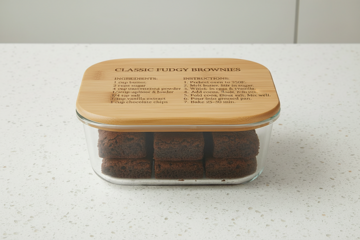 Custom engraved 37 oz square glass food storage container with bamboo lid filled with brownies on white surface