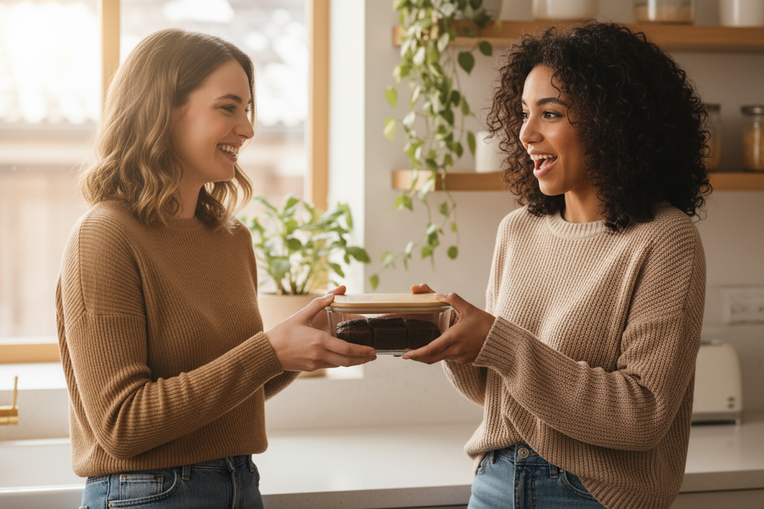Custom engraved 37 oz square glass food storage container with bamboo lid featuring personalized recipe design on countertop
