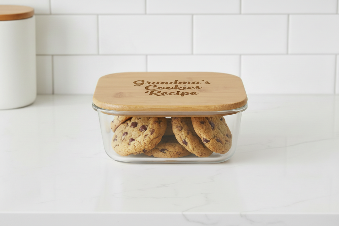 Custom engraved 37 oz square glass food storage container with bamboo lid featuring personalized recipe design