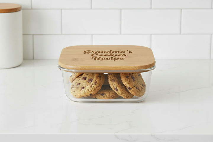 Custom engraved 37 oz square glass food storage container with bamboo lid featuring personalized recipe design