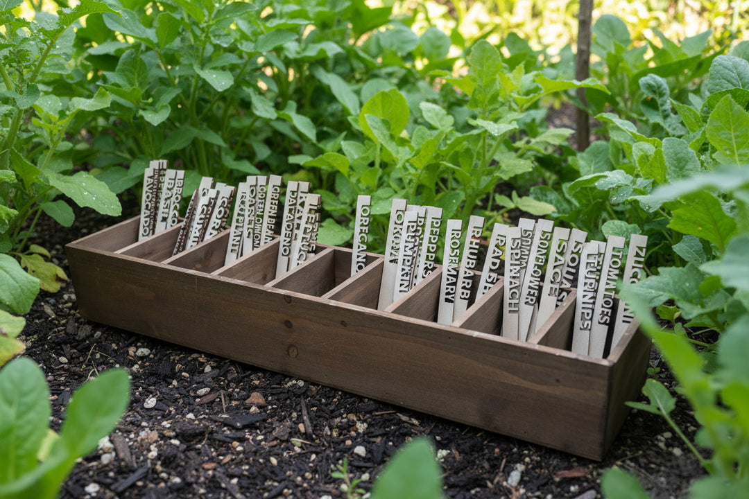 wooden garden marker stakes organized in a wooden box in a garden bed with labeled herb and vegetable markers