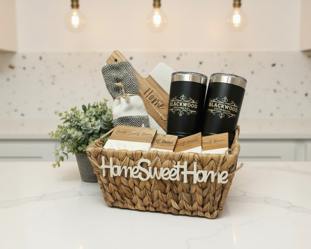 Custom closing gift basket with engraved cutting board, coasters, and curated home essentials arranged in a wooden crate