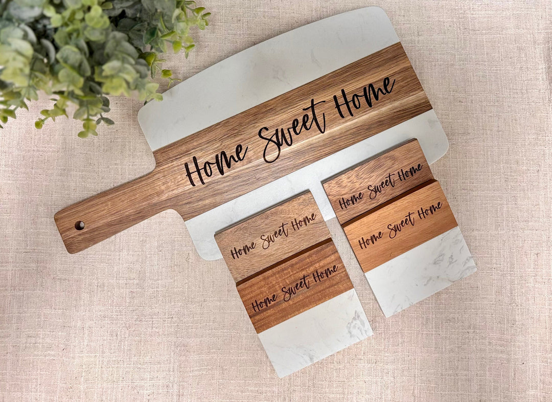 Engraved home sweet home cutting board and coaster set personalized for weddings, housewarmings, and realtor closing gifts