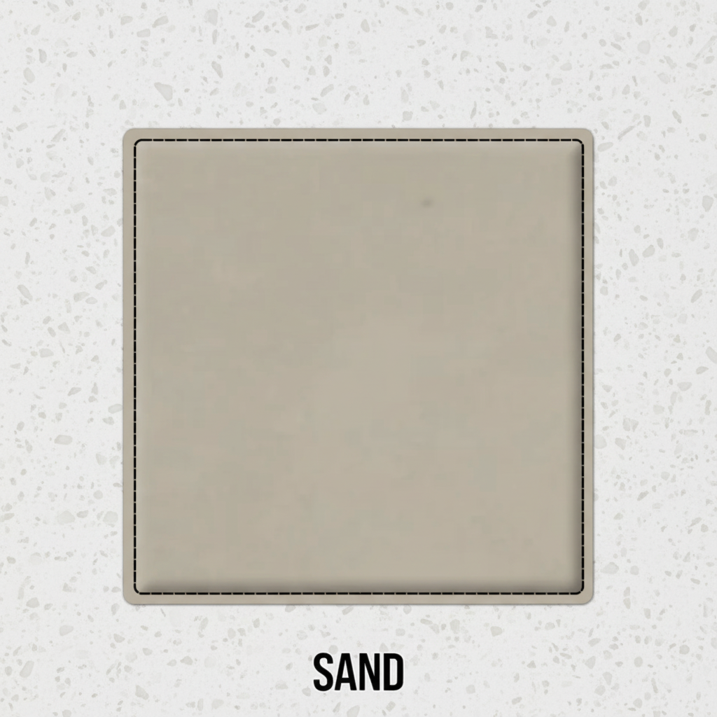 Set of four beige leatherette coasters with custom logo branding for weddings, events, and corporate gifts