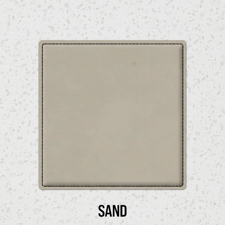 Set of four beige leatherette coasters with custom logo branding for weddings, events, and corporate gifts
